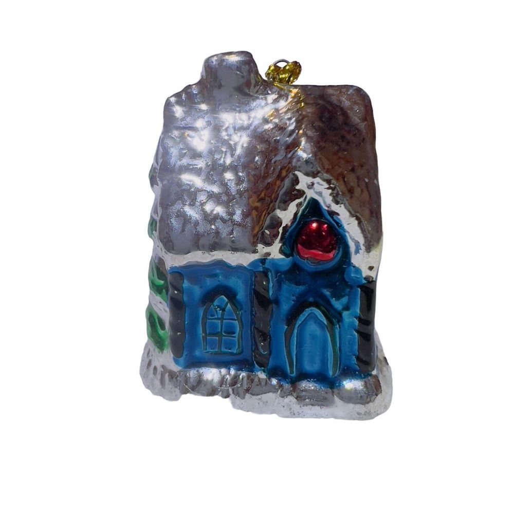 VTG‎ Ceramic Christmas Tree Village House Metallic Glaze Green Blue Ornament